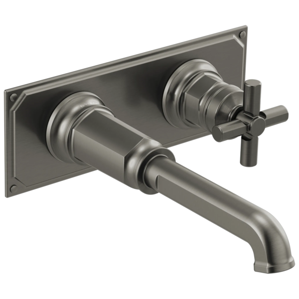 Brizo Invari wall faucet in Brilliance® Luxe Steel® with Cross, optional wall plate shown