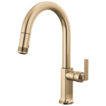 Brizo Kintsu pull-down kitchen faucet in Lumicoat® Luxe Gold® with Lever handle, 63006LF-GLLHP-L and HLK006-GL-L
