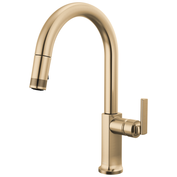 Brizo Kintsu pull-down kitchen faucet in Lumicoat® Luxe Gold® with Lever handle, 63006LF-GLLHP-L and HLK006-GL-L