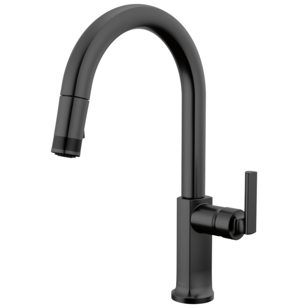 Brizo Kintsu pull-down kitchen faucet in Matte Black with Lever handle, 63006LF-BLLHP and HLK006-BL