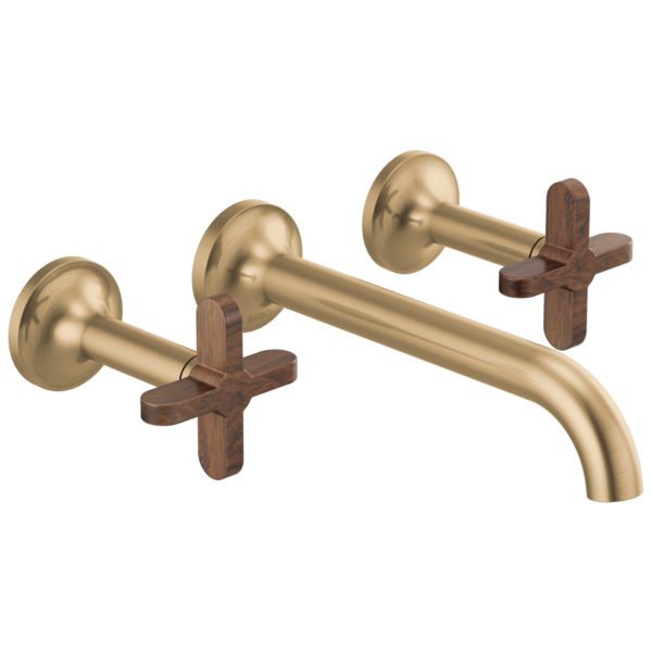 Brizo Odin wall mount faucet in Brilliance® Luxe Gold® with Wood Cross handles