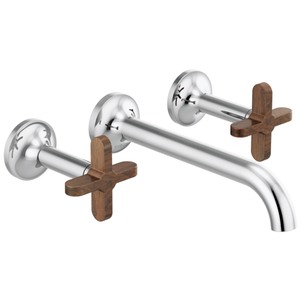 Brizo Odin wall mount faucet in Polished Chrome with Wood Cross handles