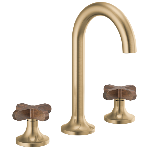 Brizo widespread faucet in Brilliance® Luxe Gold® with Low Wood Cross handles