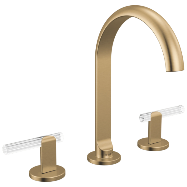 Brizo Roccesco Arc widespread faucet in Brilliance® Luxe Gold® with Reeded Glass Lever handles