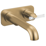 Brizo Roccesco wall mount faucet in Brilliance® Luxe Gold® with Clear Lever handle; optional wall plate shown, sold separately
