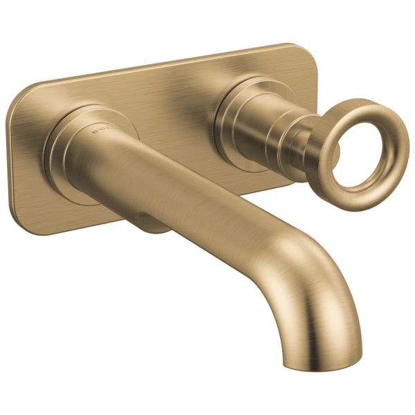 Brizo Roccesco wall mount faucet in Brilliance® Luxe Gold® with Knob handle; optional wall plate shown, sold separately