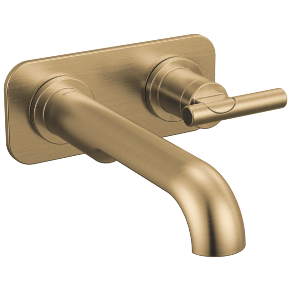 Brizo Roccesco wall mount faucet in Brilliance® Luxe Gold® with Lever handle; optional wall plate shown, sold separately