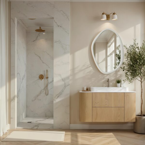 Renwil Folignio Rice Stone Resin Organic Wall Mirror MT2691 - organic wall mirror styled above a bathroom vanity