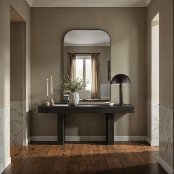 Renwil Opalina Matte Black Rounded-Top Leaner Mirror MT2766 - rounded-top mirror in a furnished interior