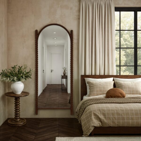 Renwil Ignatius Walnut-Finish Twisted-Frame Full-Length Mirror MT2769 - full-length mirror in a furnished bedroom