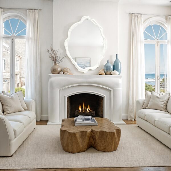 Renwil Tida Matte White Organic Wall Mirror MT2771 - styled wall display above a fireplace