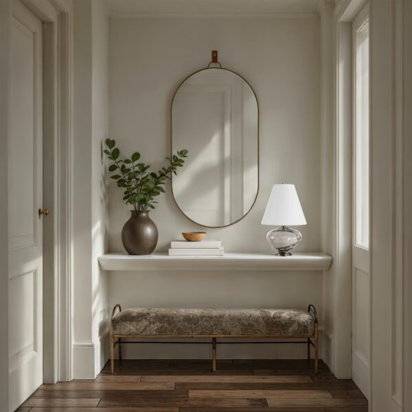 Renwil Hudson Antique Brushed Brass Oval Wall Mirror MT2774 - styled vertical mirror above a bench