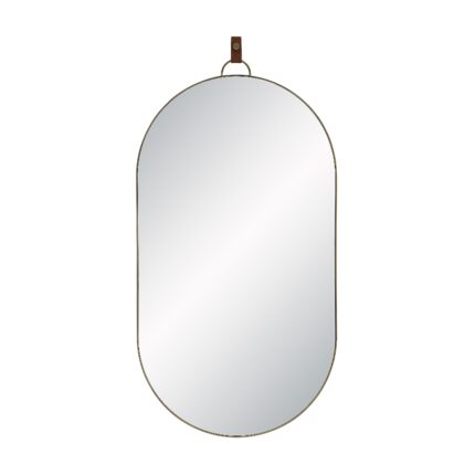 Renwil Hudson Antique Brushed Brass Oval Wall Mirror MT2774 - front view of oval brass mirror with decorative brown tab