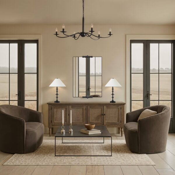 Renwil Cosmos Matte Black Mirror with Marble-Effect Accents MT2780 - styled vertical wall mirror in a living room