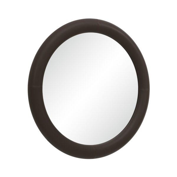 Renwil Porto Dark Brown Vegan Leather Round Mirror MT2781 - angled view of deep upholstered-look frame