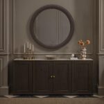 Renwil Porto Dark Brown Vegan Leather Round Mirror MT2781 - styled round wall mirror above a cabinet