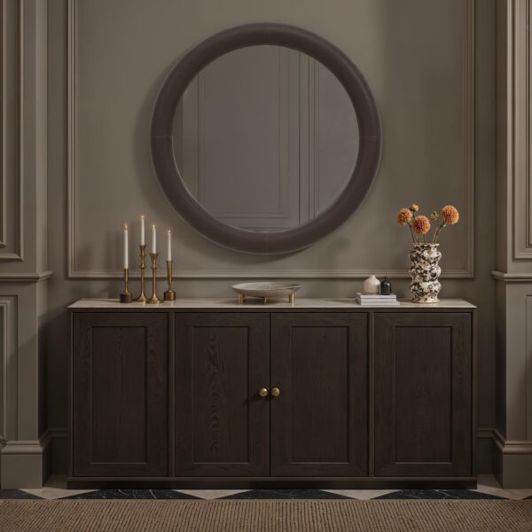 Renwil Porto Dark Brown Vegan Leather Round Mirror MT2781 - styled round wall mirror above a cabinet