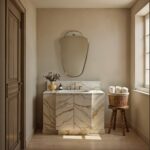 Renwil Elodie Antique Brushed Brass Shield Wall Mirror MT2783 - mirror styled above a vanity