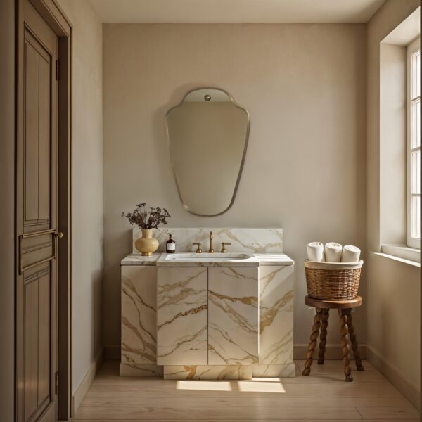Renwil Elodie Antique Brushed Brass Shield Wall Mirror MT2783 - mirror styled above a vanity