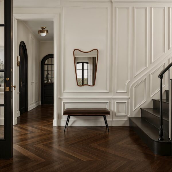 Renwil Reverie Walnut-Stained Shaped Wood Wall Mirror MT2797 - mirror styled in an entryway