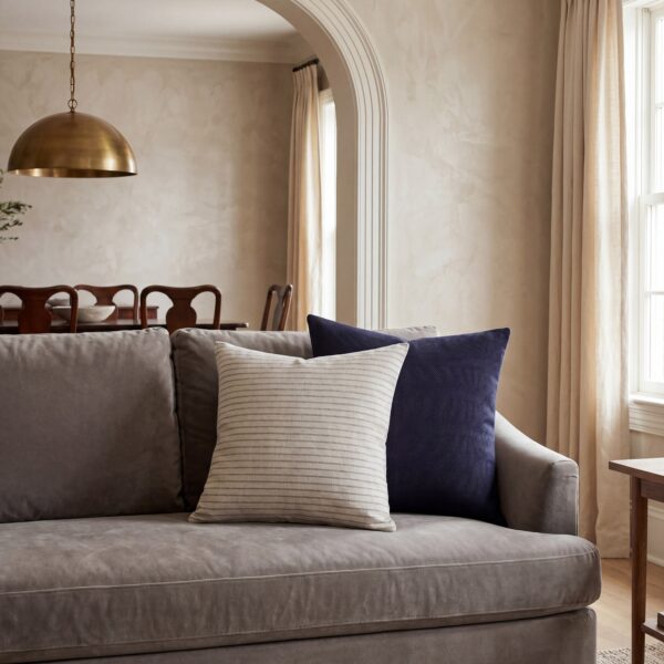 Renwil Lauren Beige and Grey Striped Pillow 20 x 20 PWFL1477 - Lauren pillow styled on a sofa