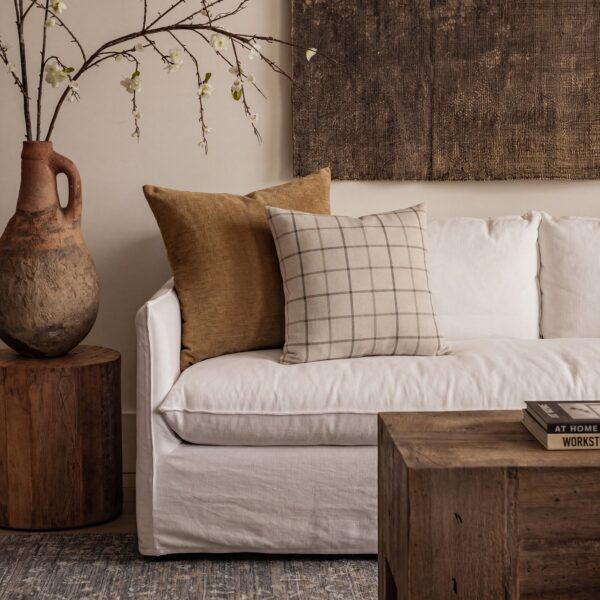 Renwil Thornhill Beige and Brown Plaid Pillow 20 x 20 PWFL1480 - Thornhill pillow styled on a sofa