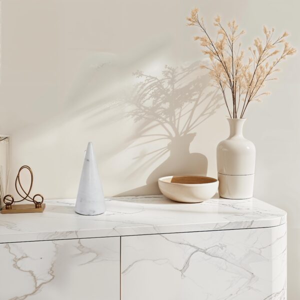 Renwil Silica White Marble Sculpture — styled on a marble console with decorative accessories