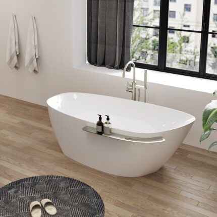 Zitta Aito 66″ Freestanding Bathtub — Matte White, Left Drain, Brushed Nickel Shelf — view 1