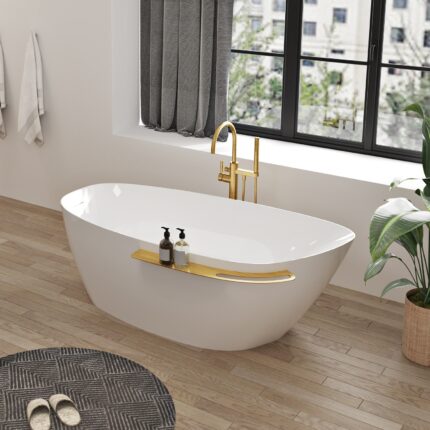 Zitta Aito 66″ Freestanding Bathtub — Glossy White, Left Drain, Brushed Gold Shelf — view 1