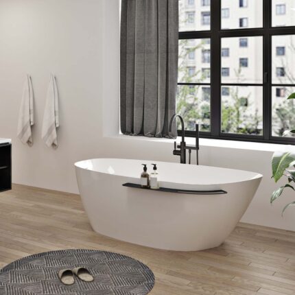 Zitta Aito 66″ Freestanding Bathtub — Matte White, Left Drain, Matte Black Shelf — view 1