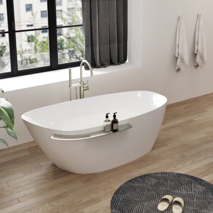 Zitta Aito 66″ Freestanding Bathtub — Glossy White, Right Drain, Brushed Nickel Shelf — view 1