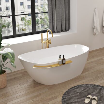 Zitta Aito 66″ Freestanding Bathtub — Matte White, Right Drain, Brushed Gold Shelf — view 1