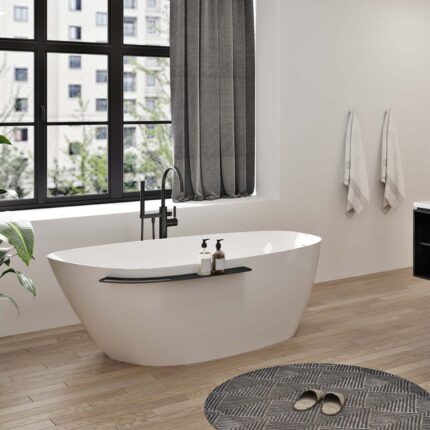 Zitta Aito 66″ Freestanding Bathtub — Matte White, Right Drain, Matte Black Shelf — view 1