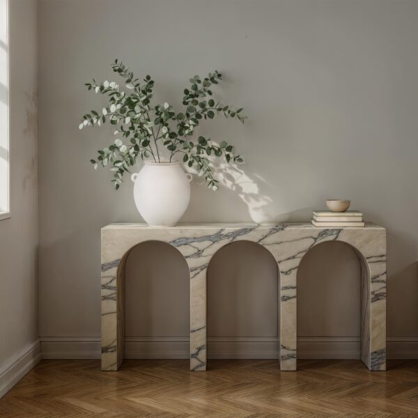 Renwil Yevla Off-White Stoneware Vase — vase styled with foliage on nesting tables; accessories not included