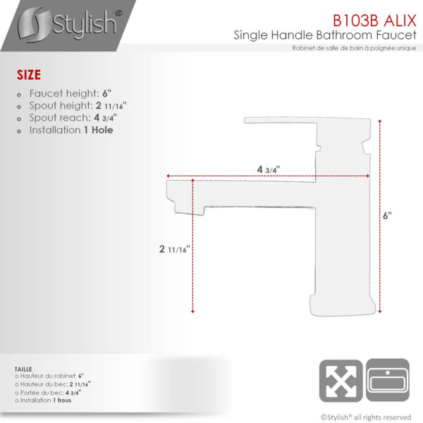 Stylish B-103B Stylish Single Handle Bathroom Faucet (Open Box), product view 4