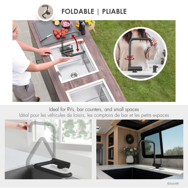 Stylish Alba Matte Black fold-down kitchen faucet, view 4