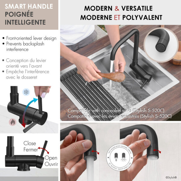 Stylish Alba Matte Black fold-down kitchen faucet, view 6