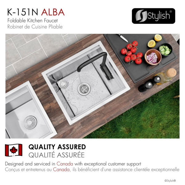 Stylish Alba Matte Black fold-down kitchen faucet, view 9