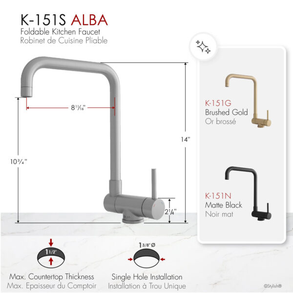 Stylish Alba Stainless Steel fold-down kitchen faucet, view 3
