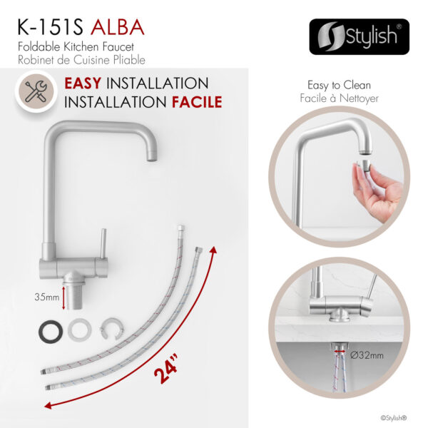 Stylish Alba Stainless Steel fold-down kitchen faucet, view 5
