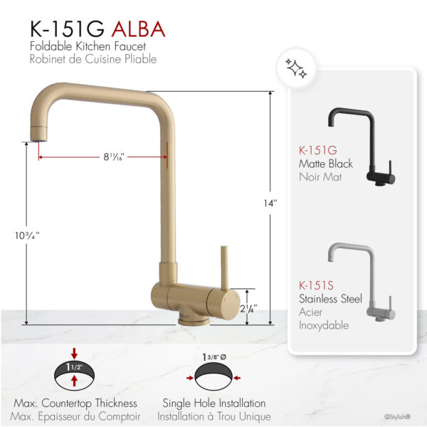 Stylish Alba Brushed Gold fold-down kitchen faucet, view 3