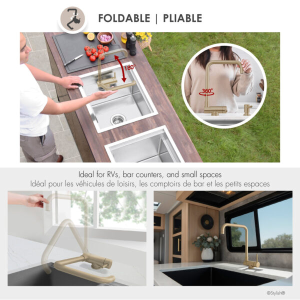 Stylish Alba Brushed Gold fold-down kitchen faucet, view 4