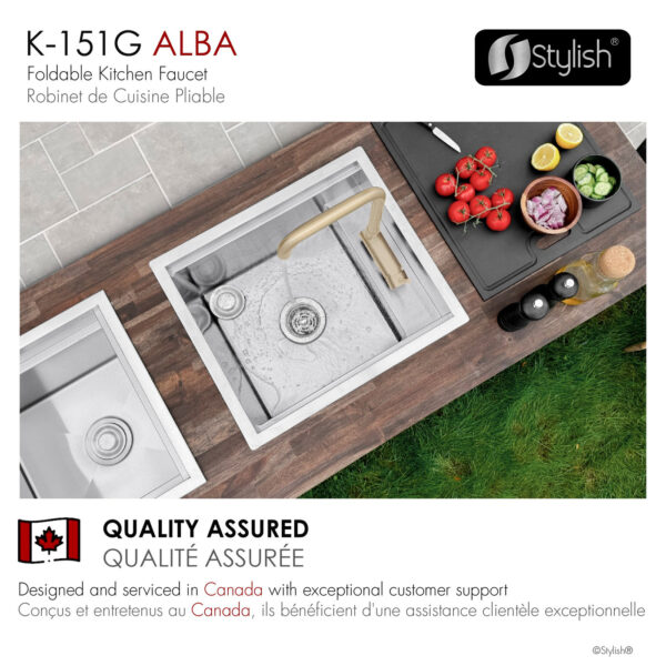 Stylish Alba Brushed Gold fold-down kitchen faucet, view 9