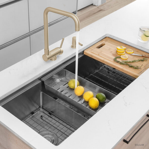 Stylish Alba Brushed Gold fold-down kitchen faucet, view 12