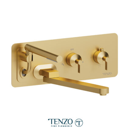 Tenzo Paloma Wall Mount Tub Filler With Retractable Hose & 12'' Swivel Spout — Brushed Gold