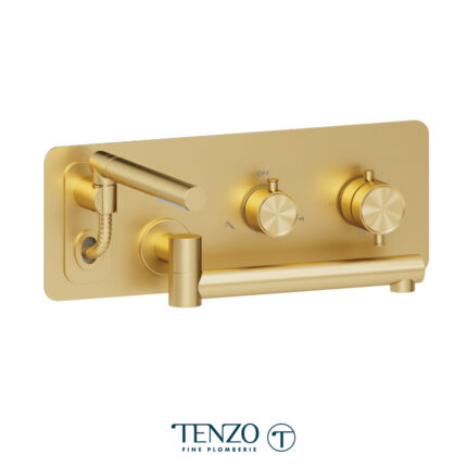 Tenzo Alyss Wall Mount Tub Filler With Retractable Hose & 12'' Swivel Spout — Brushed Gold